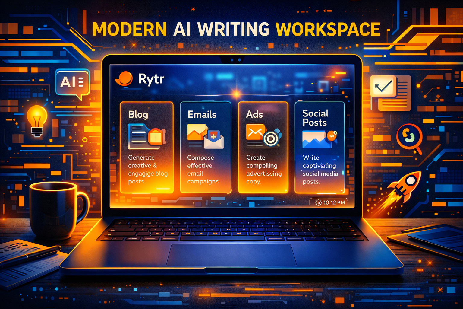 Modern AI writing workspace featuring Rytr dashboard, glowing text, and sleek productivity-focused interface