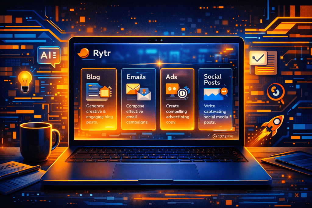 Clean laptop screen displaying Rytr templates for blogs, emails, ads, and social posts