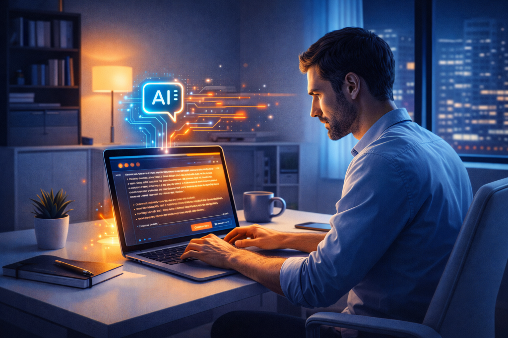 Professional writer using AI assistant to generate polished content in minimalist office setting