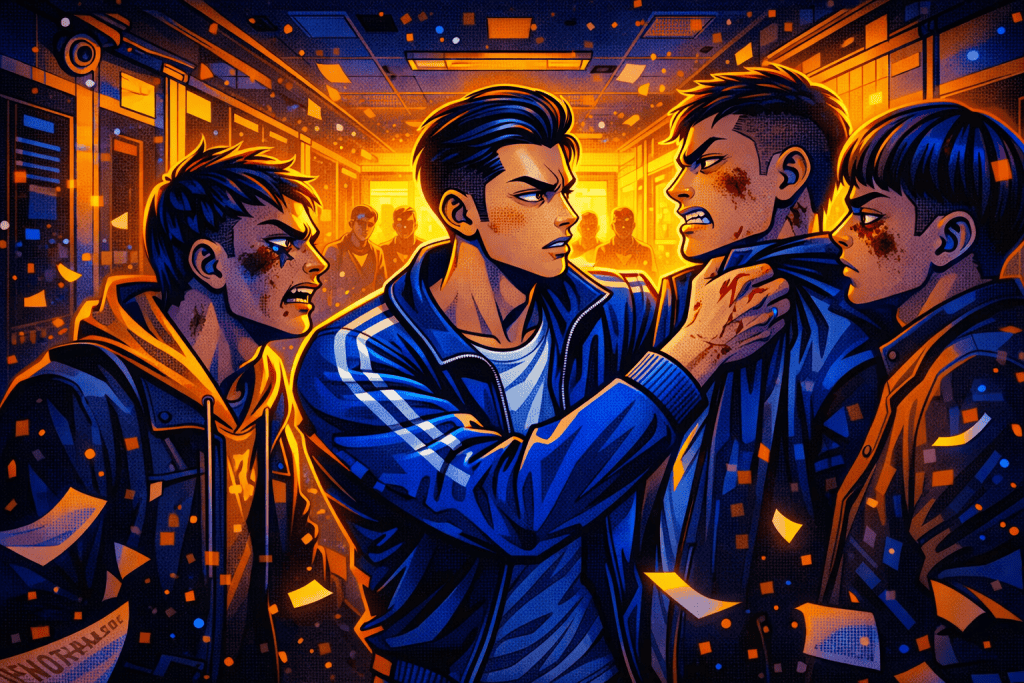 Yi Heon confronts bullies in a tense hallway scene