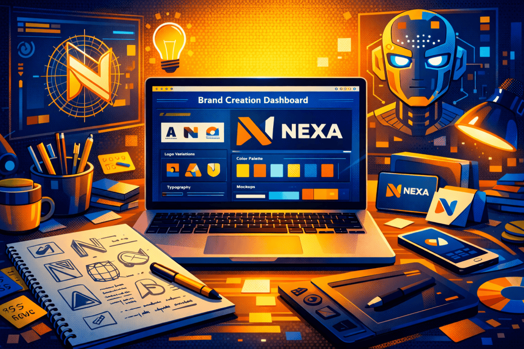 Modern AI logo design workspace showcasing brand creation dashboard, sketches, and polished startup identity