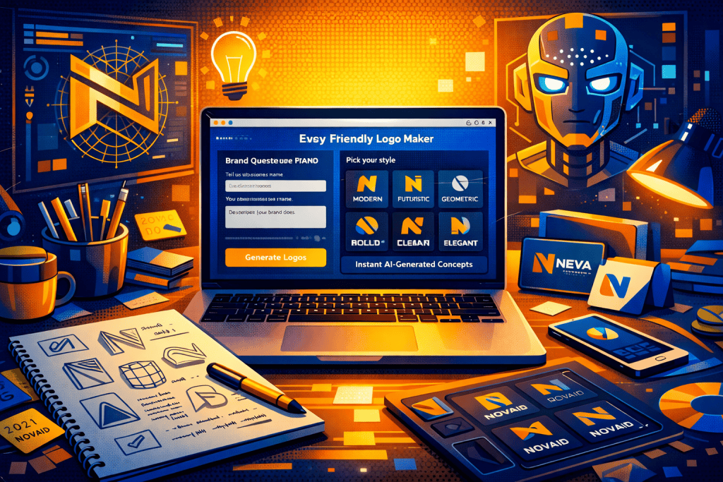 User-friendly logo maker interface with brand questionnaire, style choices, and instant AI-generated concepts
