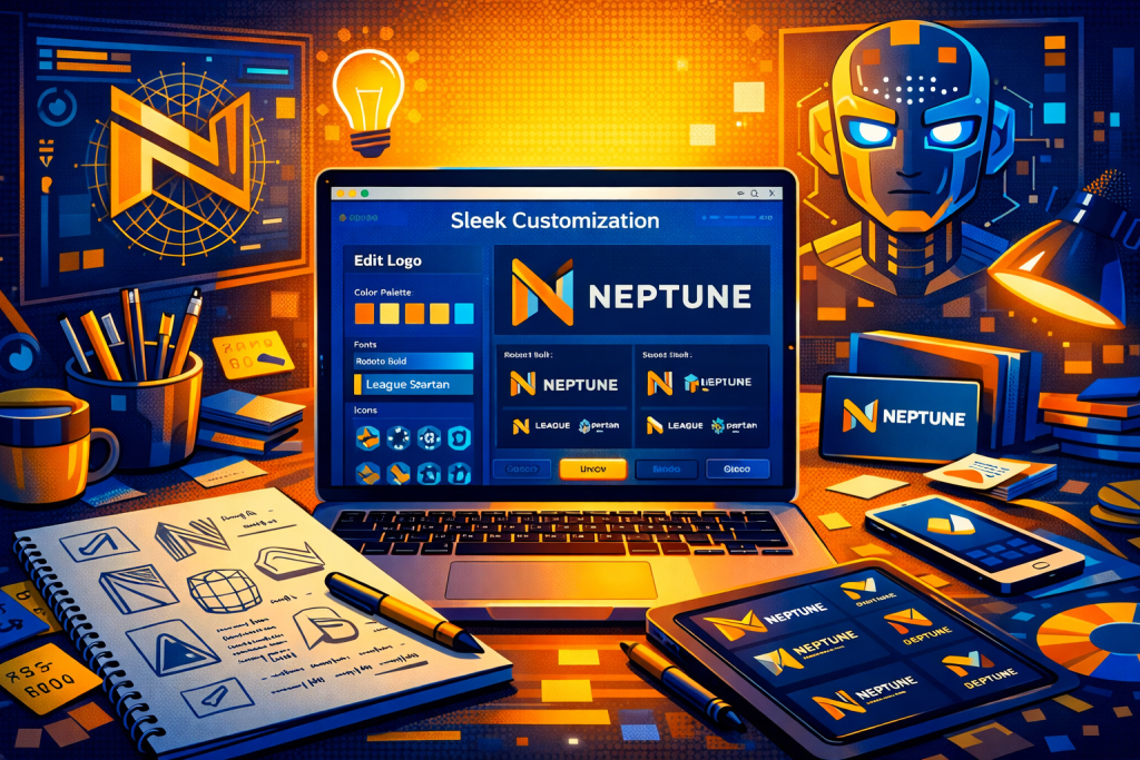 Sleek customization screen editing logo colors, fonts, icons, and layout in real time