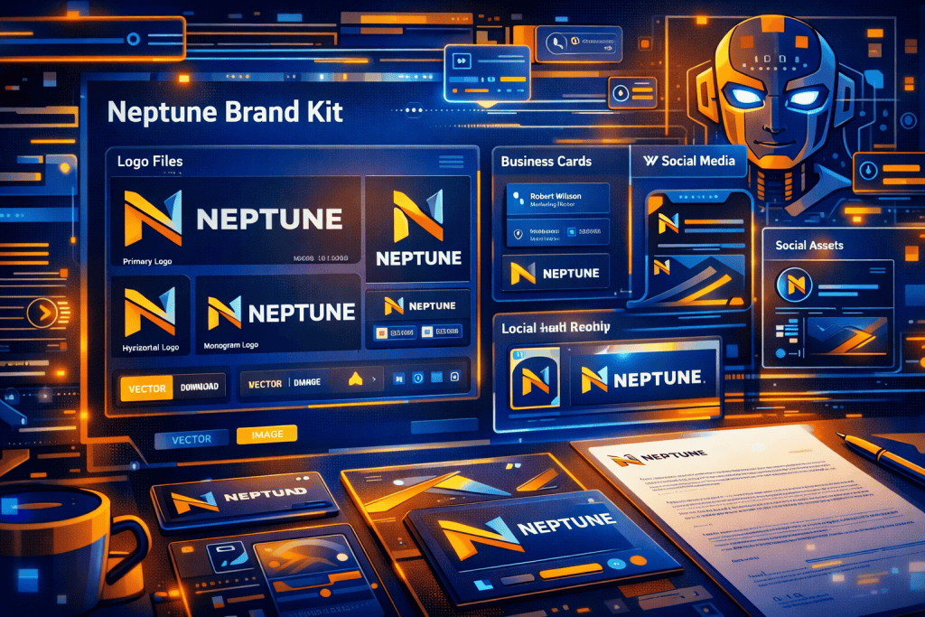 Professional brand kit presentation with logo files, business cards, social assets, and letterhead mockups