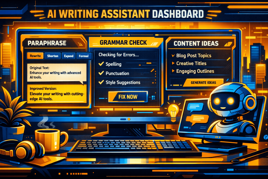 AI writing assistant dashboard with paraphrasing, grammar tools, and modern professional workspace