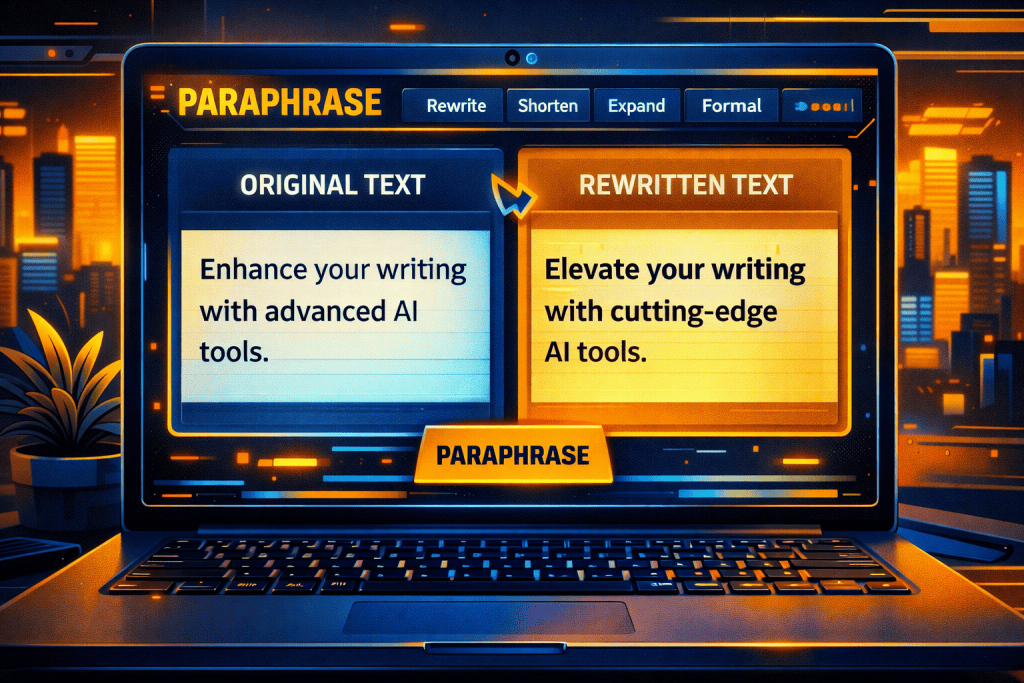Clean laptop screen showing paraphrasing interface with original and rewritten text side by side