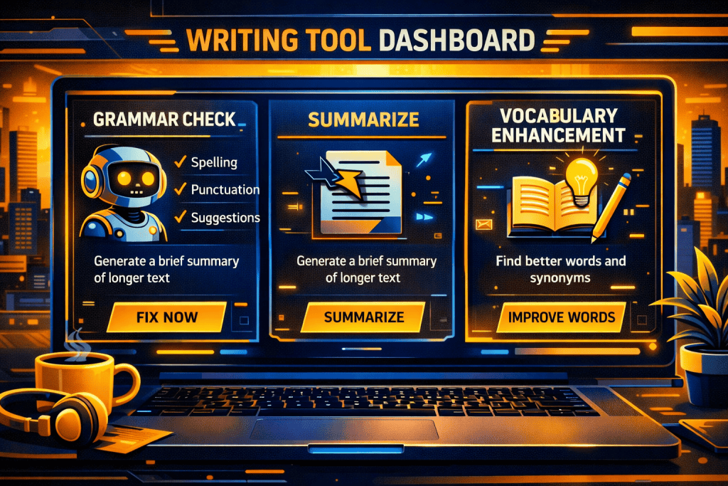 Minimal writing tool dashboard featuring grammar checking, summarizing, and vocabulary enhancement panels
