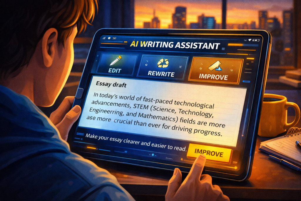 Student using AI writing assistant on tablet for editing, rewriting, and improving readability