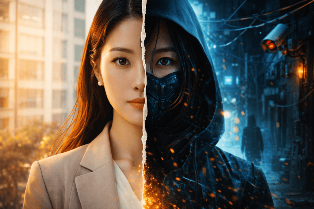 Miss Night and Day in daylight hiding a mysterious double life behind calm eyes