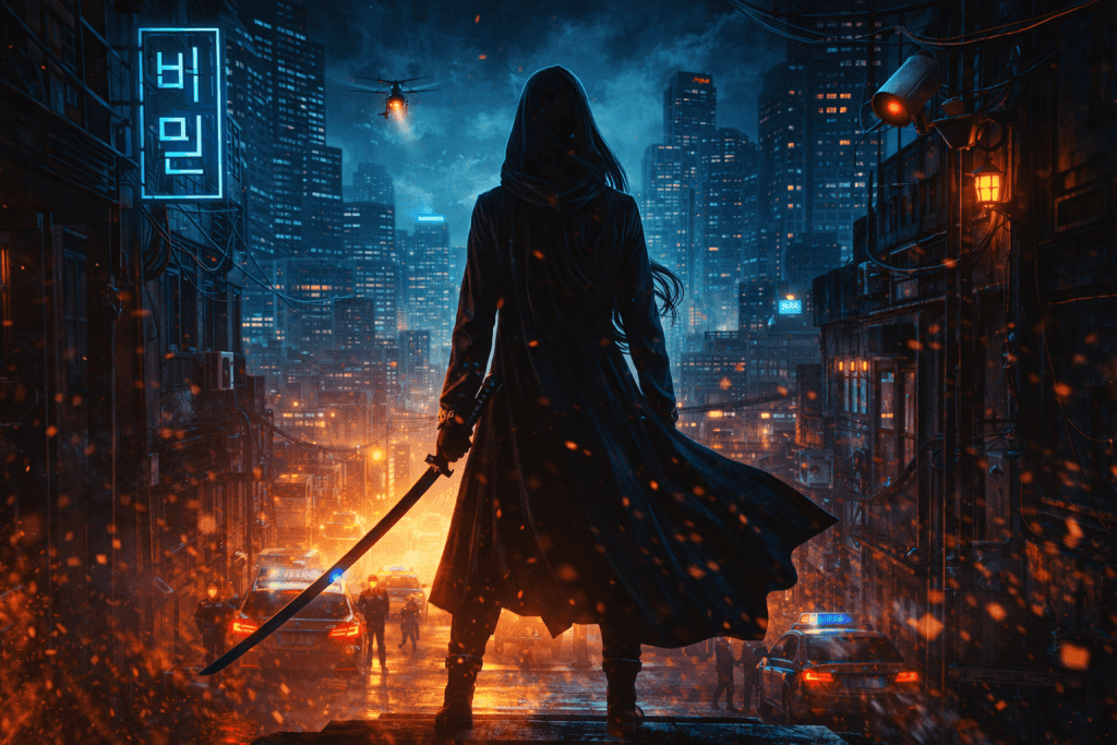 Moody nighttime city scene with female vigilante silhouette and rising dramatic tension