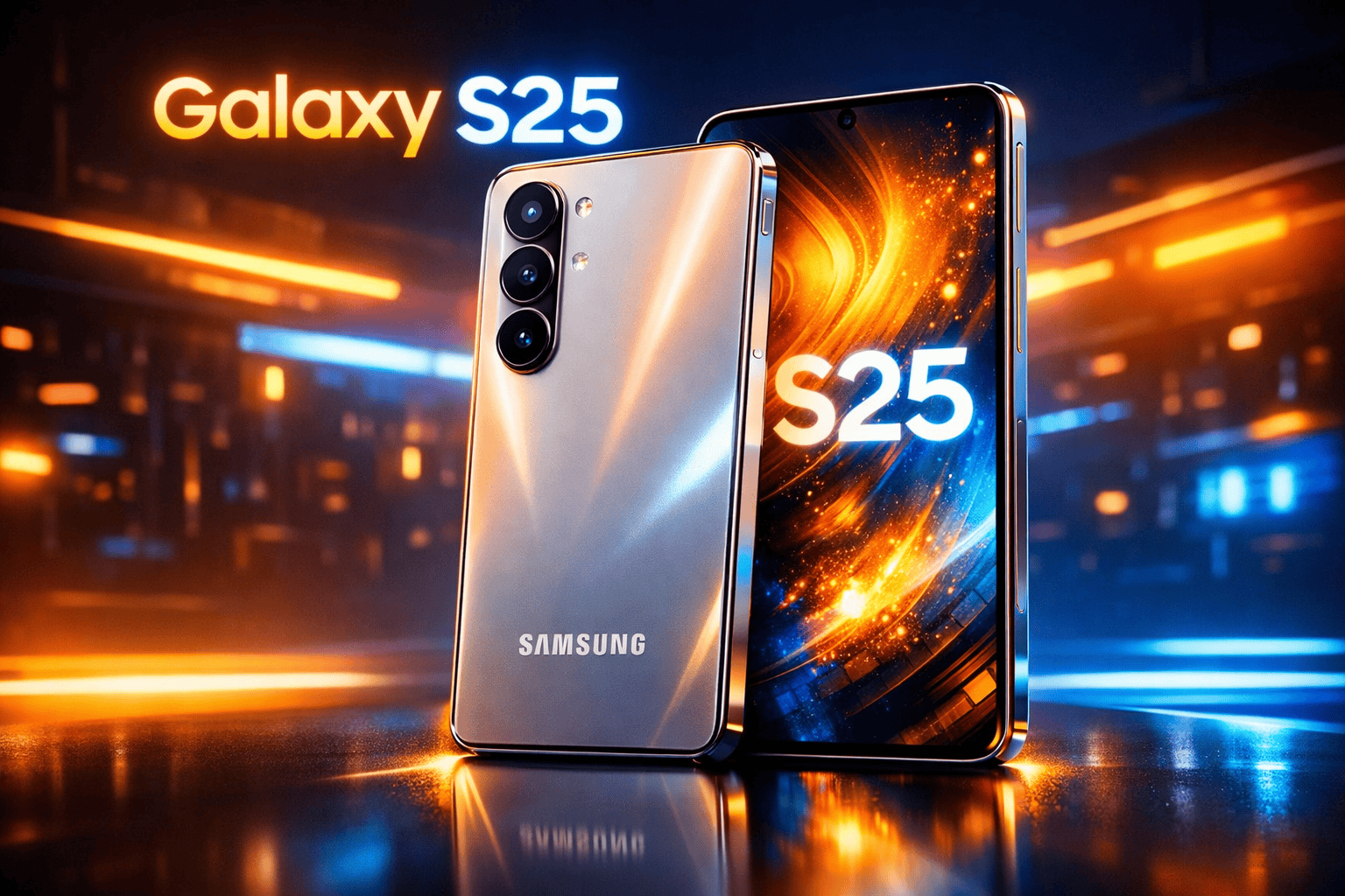 Samsung Galaxy S25 flagship smartphone glowing on sleek studio backdrop, premium futuristic review aesthetic