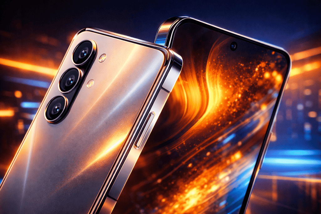 Close-up Samsung Galaxy S25 design showcasing metallic frame, reflective glass, and elegant contours