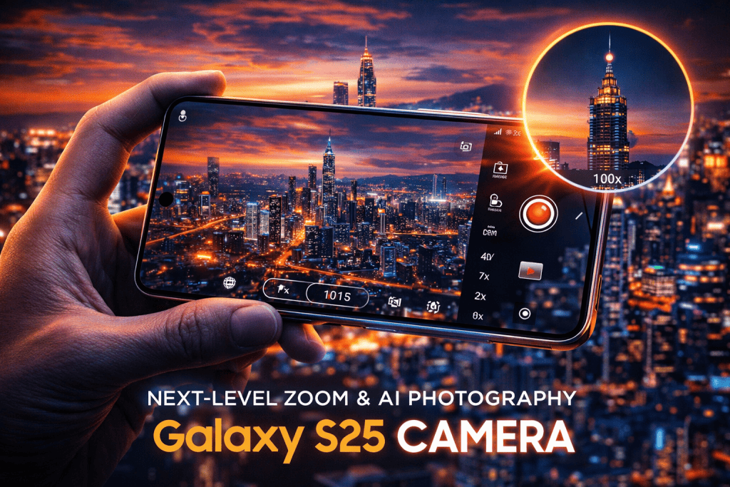 Samsung Galaxy S25 camera capturing dramatic cityscape, highlighting zoom power and AI photography