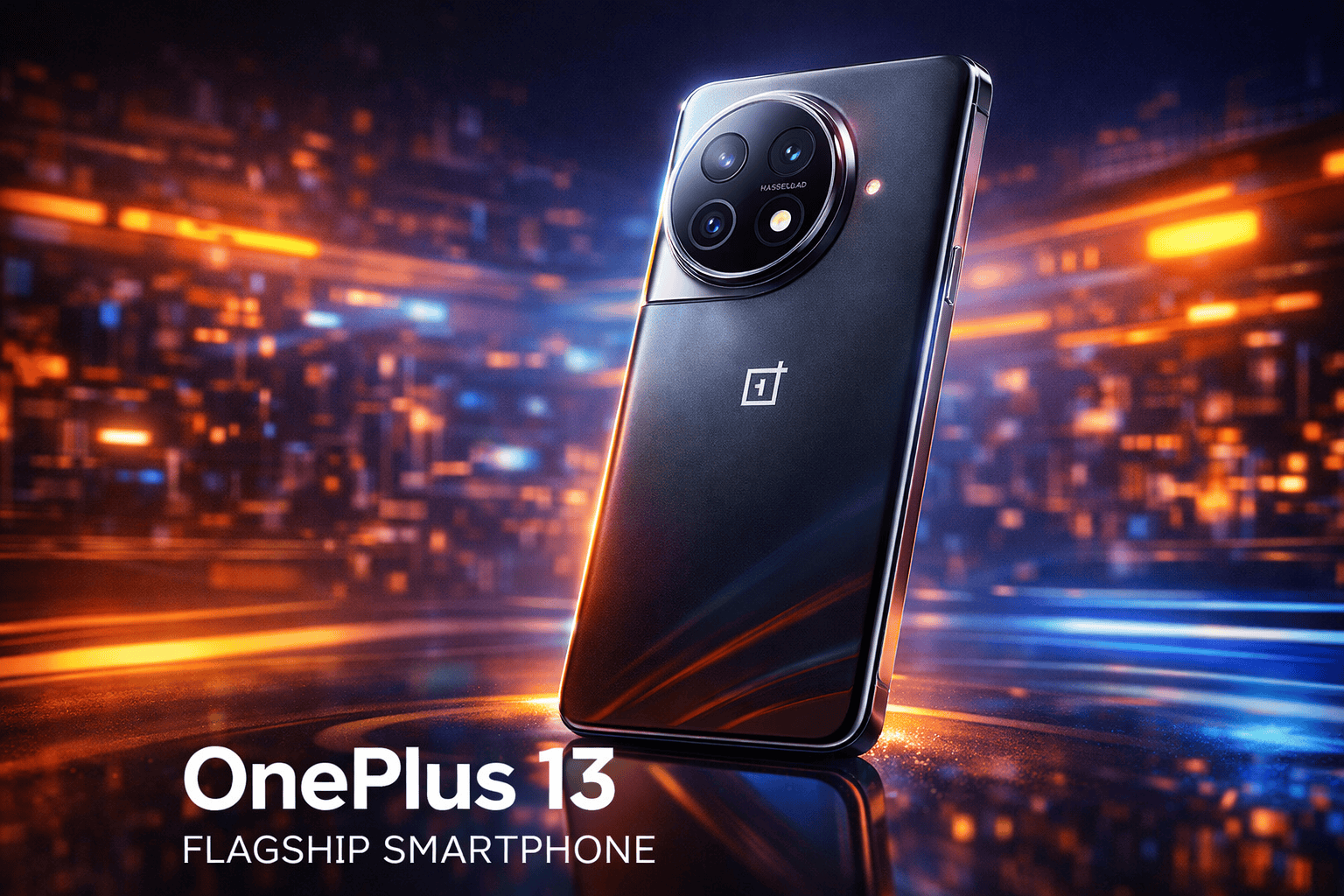 OnePlus 13 flagship smartphone on sleek studio background, premium lighting, futuristic high-end review vibe