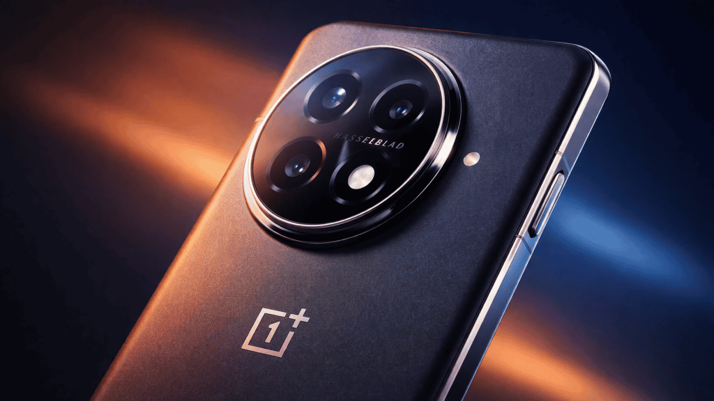 Close-up OnePlus 13 curved design, metallic frame, elegant finish, minimalist modern backdrop