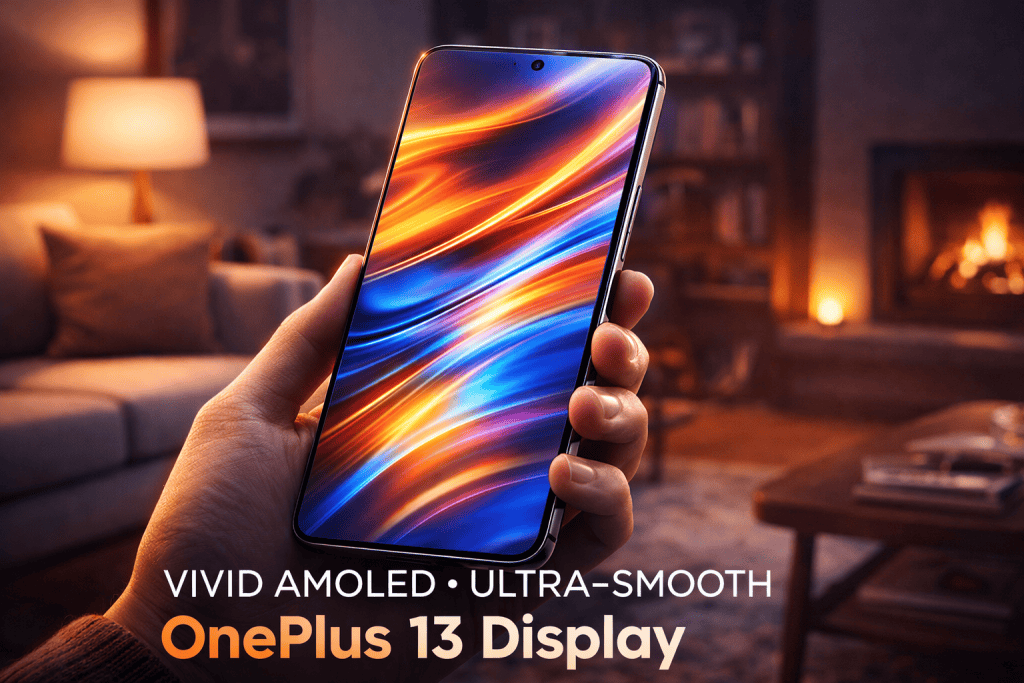 OnePlus 13 displaying vivid AMOLED screen with ultra-smooth visuals in cozy living room