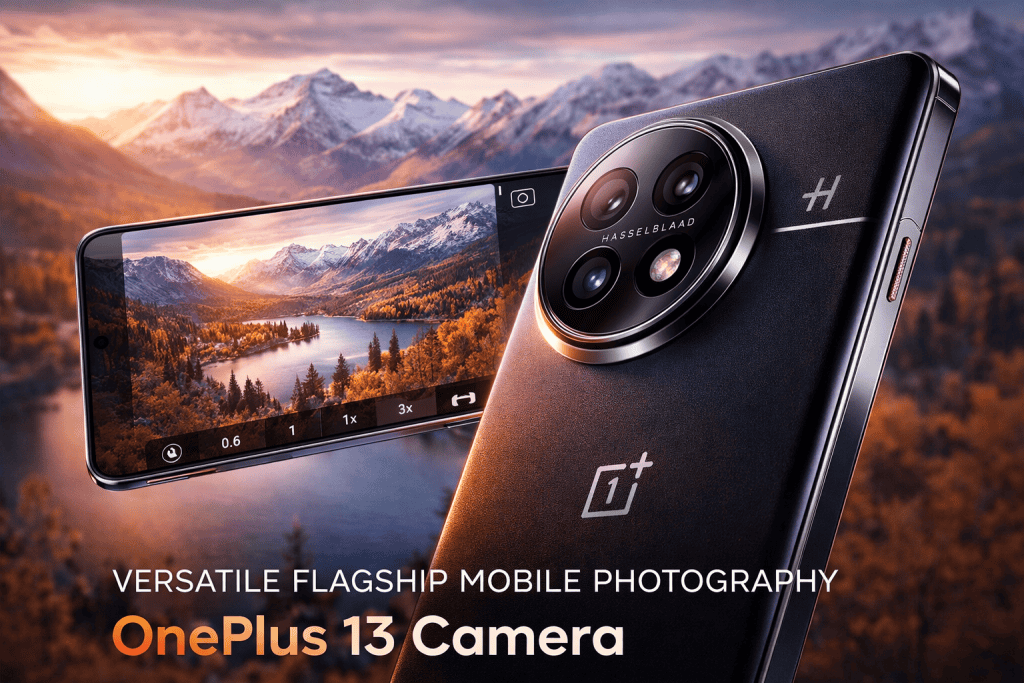 OnePlus 13 camera module capturing scenic landscape, highlighting versatile flagship mobile photography power