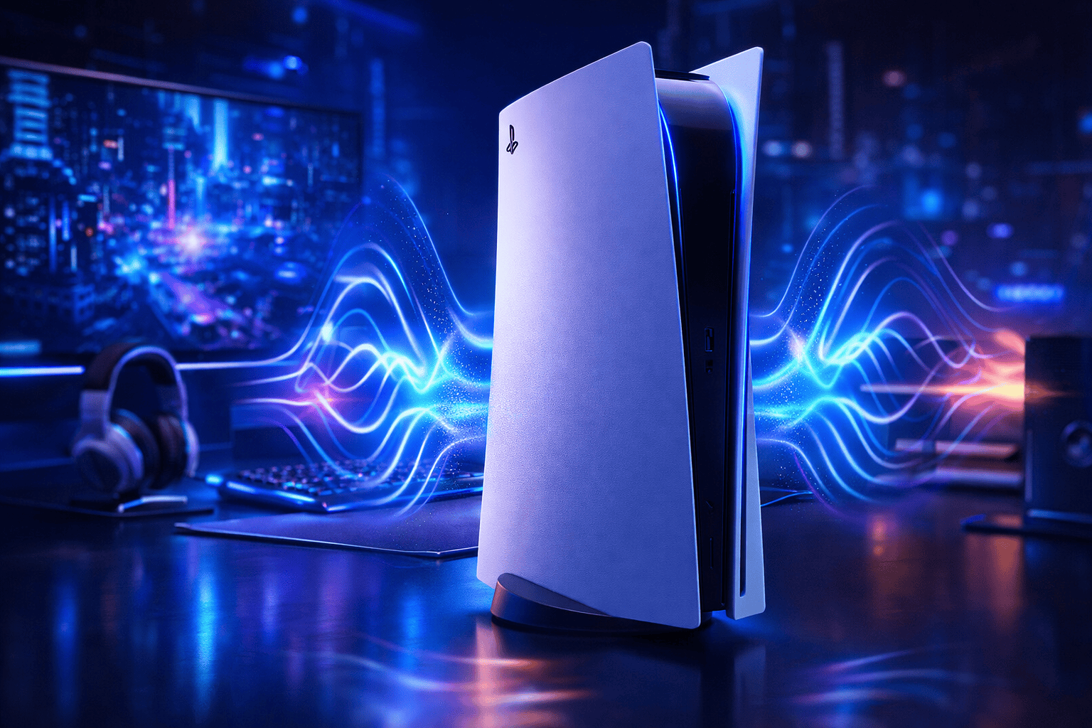 PS5 console in futuristic gaming setup with immersive audio waves and sleek lighting
