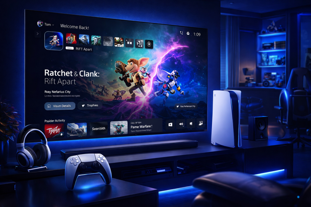 PS5 dashboard interface on large screen, clean beta update design, modern gaming room