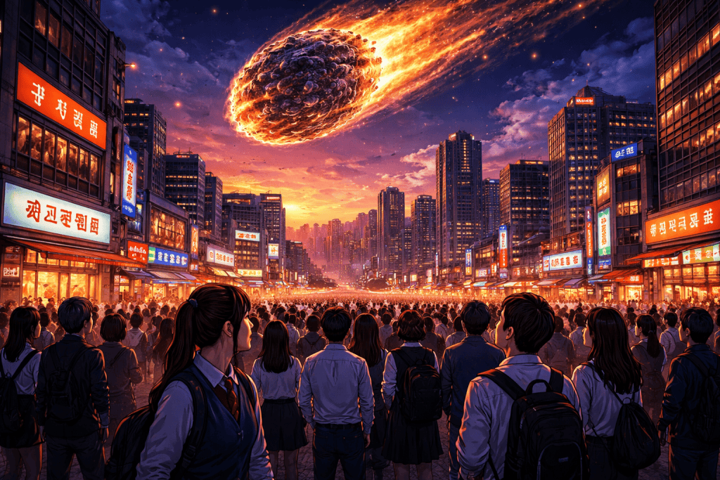 Asteroid looms over crowded Korean city at dusk.