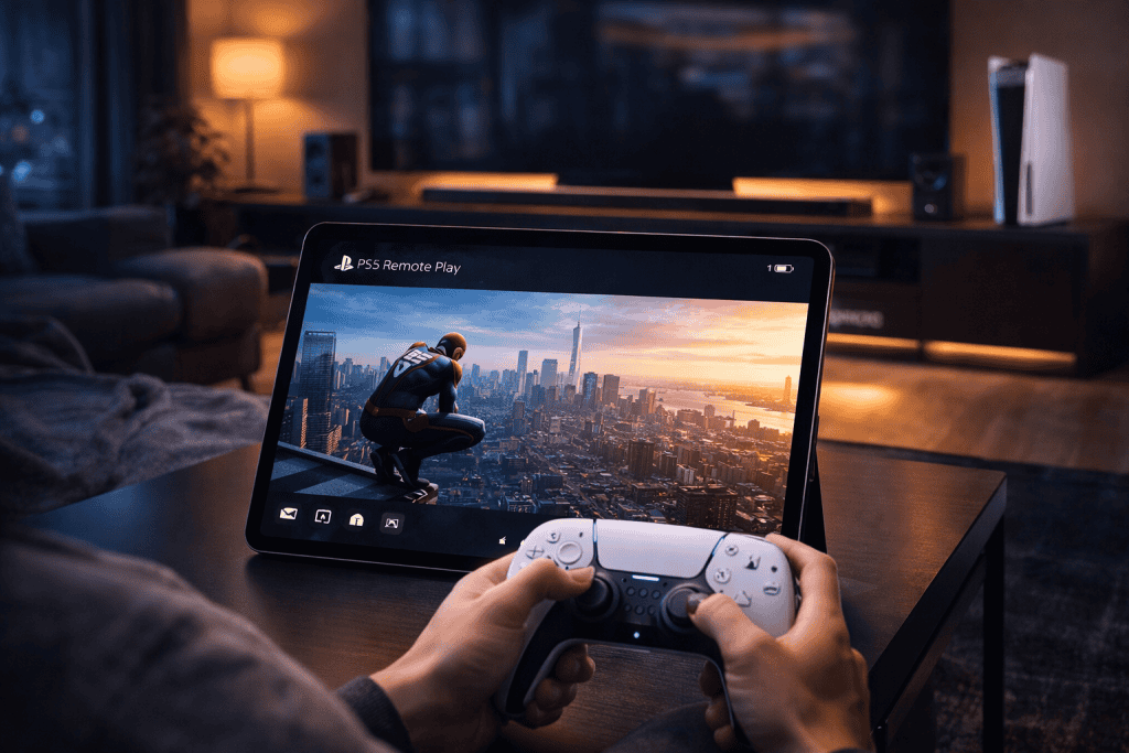 Gamer using PS5 remote play on tablet, seamless connection in stylish living room