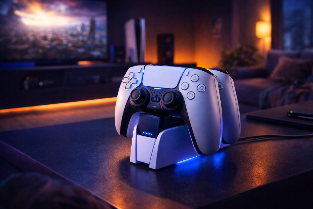 DualSense controller charging on dock, ambient neon lighting, premium next-gen gaming aesthetic