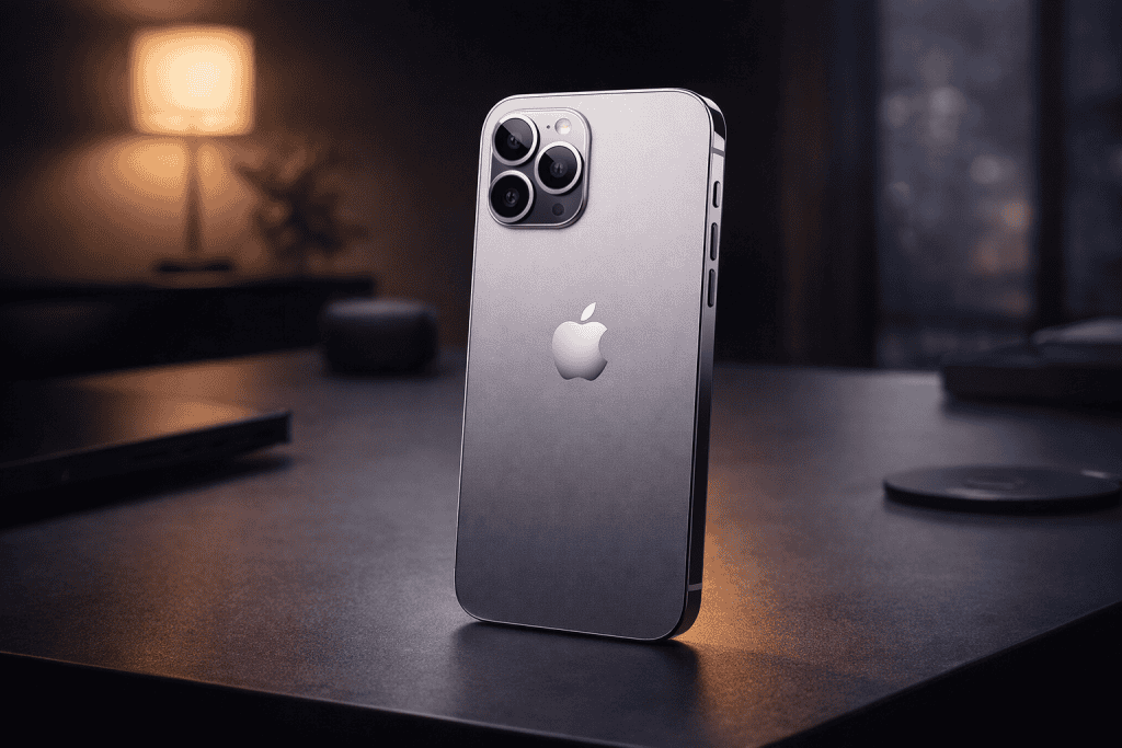 iPhone 16 on minimalist desk, premium lighting, sleek flagship smartphone review aesthetic