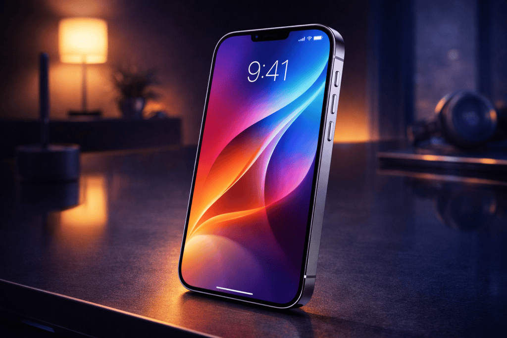 Close-up iPhone 16 design with ceramic shield, aluminum edges, elegant modern backdrop