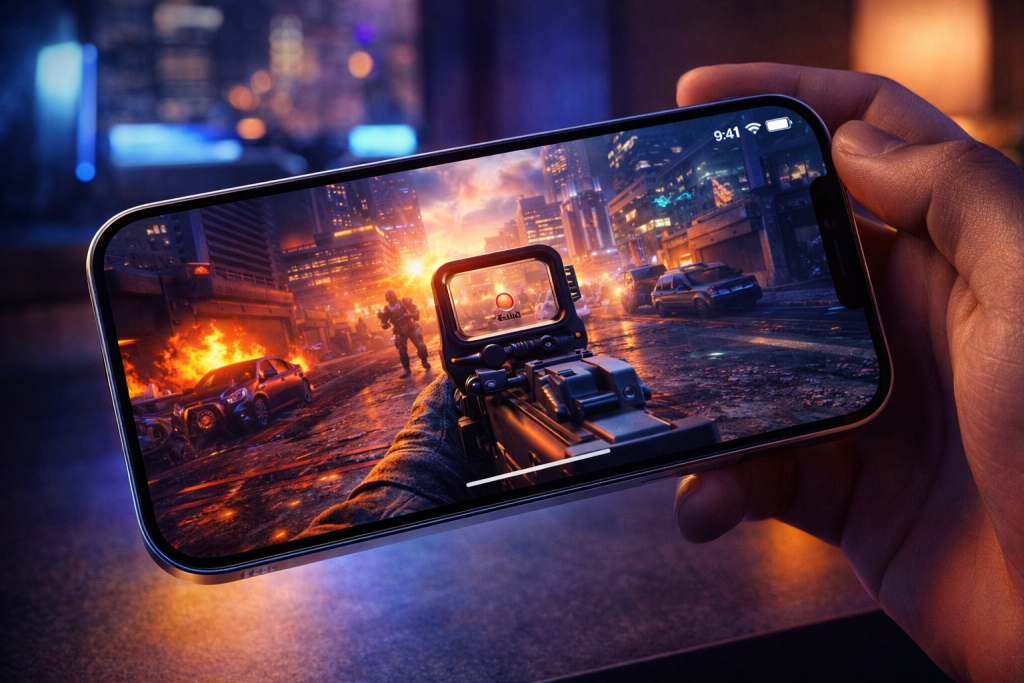 iPhone 16 showcasing vivid Super Retina display with smooth gaming visuals indoors