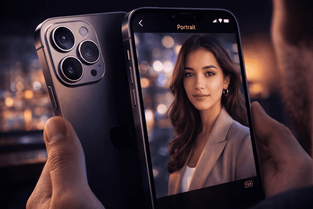 iPhone 16 triple camera capturing sharp portrait photo with soft blurred background