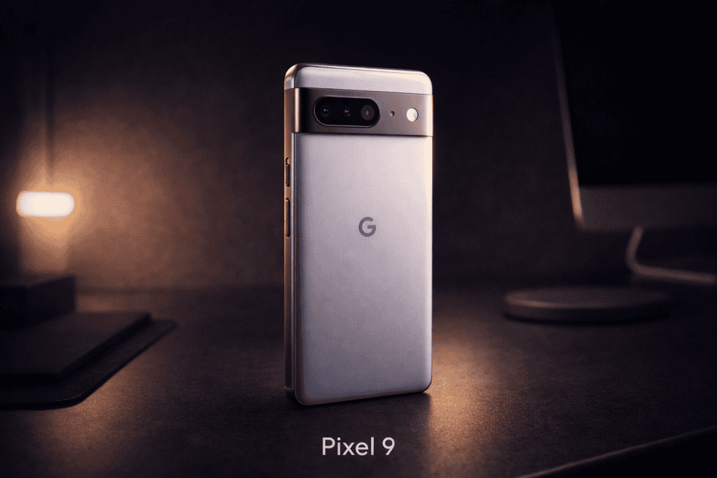 Google Pixel 9 in premium minimalist setup, soft lighting, sleek flagship review aesthetic