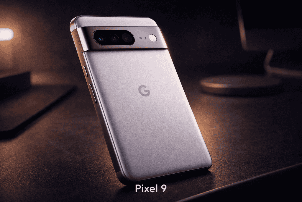 Close-up Google Pixel 9 matte aluminum design on modern desk with ambient light