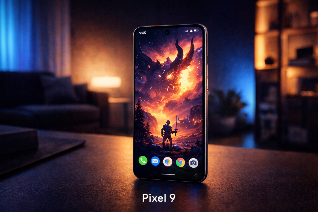 Google Pixel 9 showing vibrant OLED display with smooth visuals in stylish living room