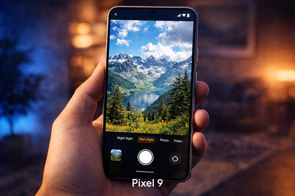 Google Pixel 9 camera capturing bright mountain landscape, emphasizing detail and AI photography
