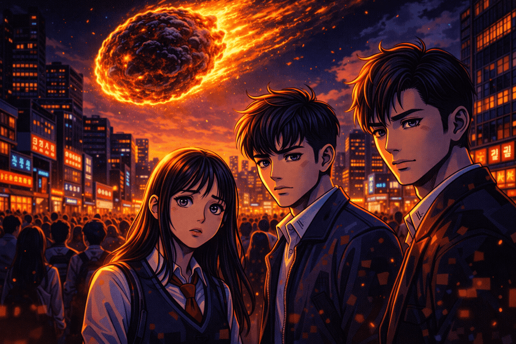 Main cast faces disaster with tense and somber expressions.