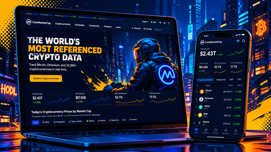 Opening CoinMarketCap website on a browser and Using CoinMarketCap mobile app on a smartphone
