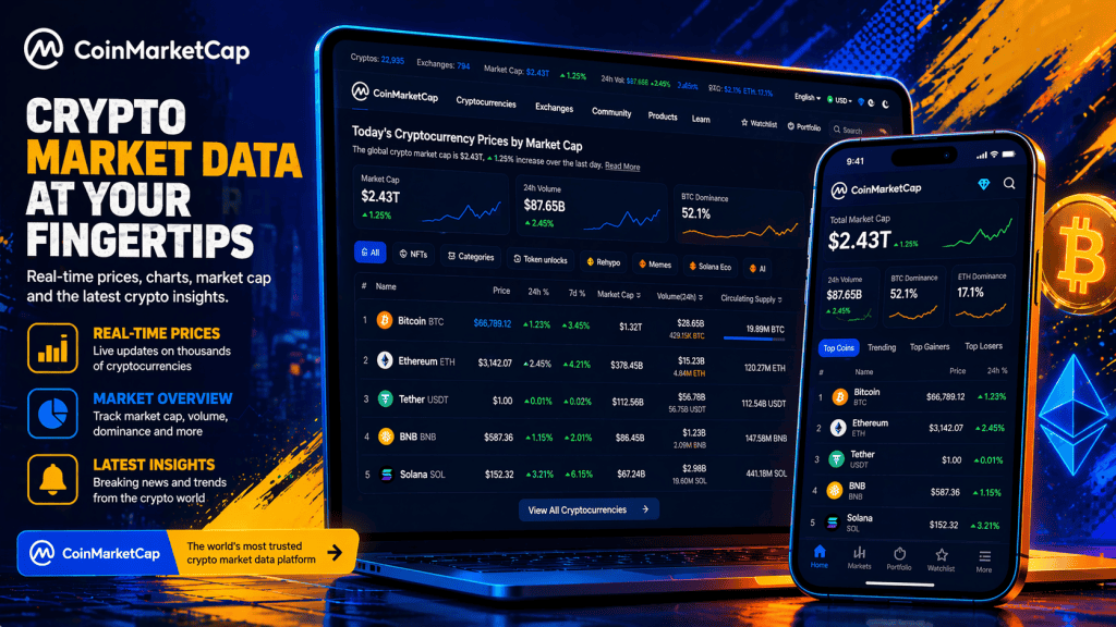 Display of cryptocurrency prices and market data on CoinMarketCap and CoinMarketCap homepage showing top cryptocurrencies