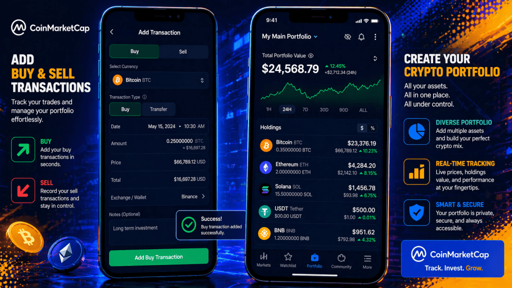 Adding buy and sell transactions in CoinMarketCap portfolio and Creating a cryptocurrency portfolio on CoinMarketCap