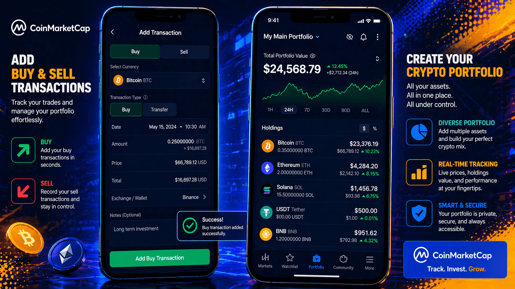 Adding buy and sell transactions in CoinMarketCap portfolio and Creating a cryptocurrency portfolio on CoinMarketCap