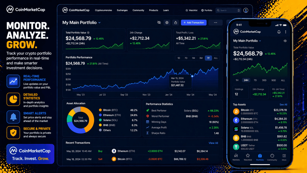 Viewing performance and statistics of cryptocurrency portfolio and Monitoring cryptocurrency portfolio on CoinMarketCap