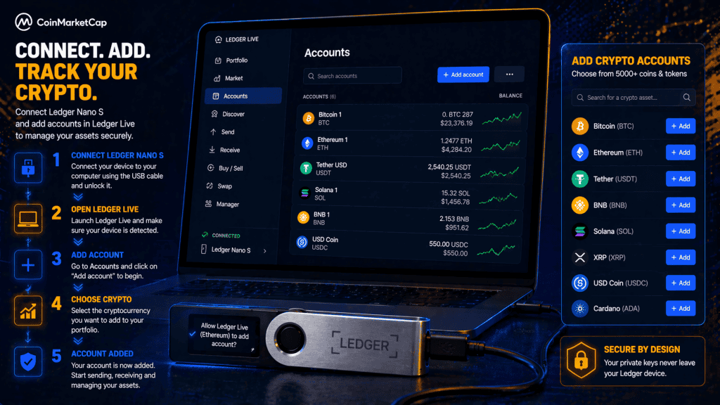 Connecting Ledger Nano S to add accounts in Ledger Live. Adding cryptocurrency accounts in Ledger Live