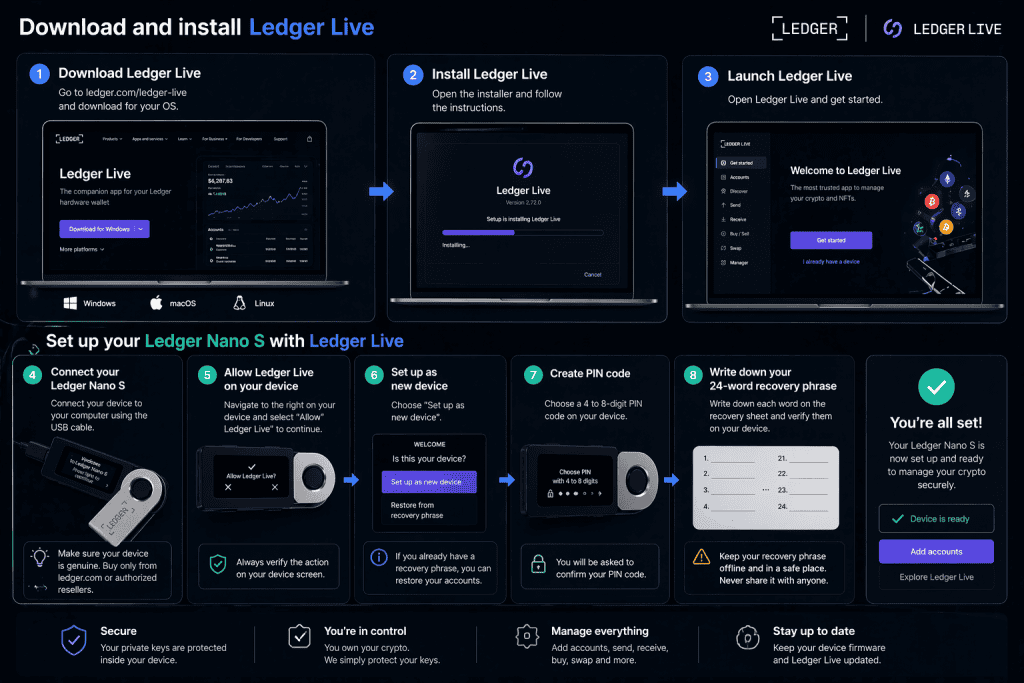 Downloading and installing Ledger Live app. Setting up Ledger Nano S with Ledger Live app