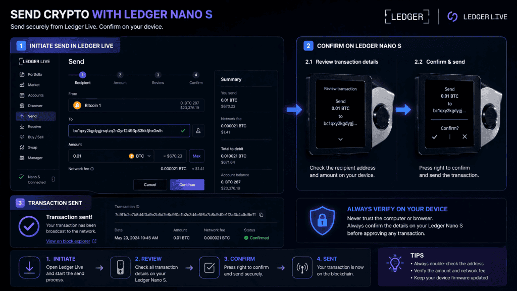 Selecting the send option in Ledger Live. Confirming the send transaction on Ledger Nano S screen