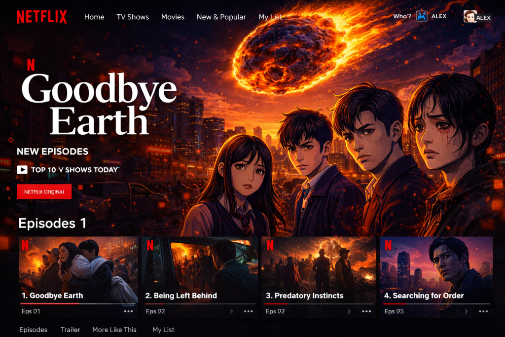 Netflix screen displays Goodbye Earth title and episode list.