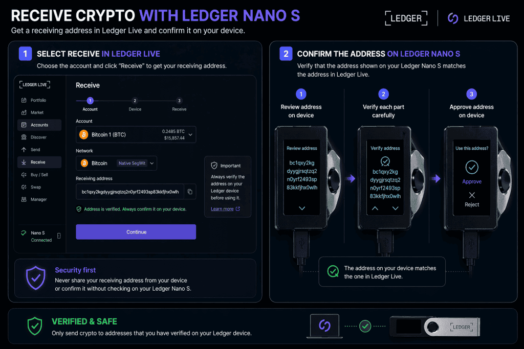 Selecting the receive option in Ledger Live. Confirming the receiving address on Ledger Nano S screen