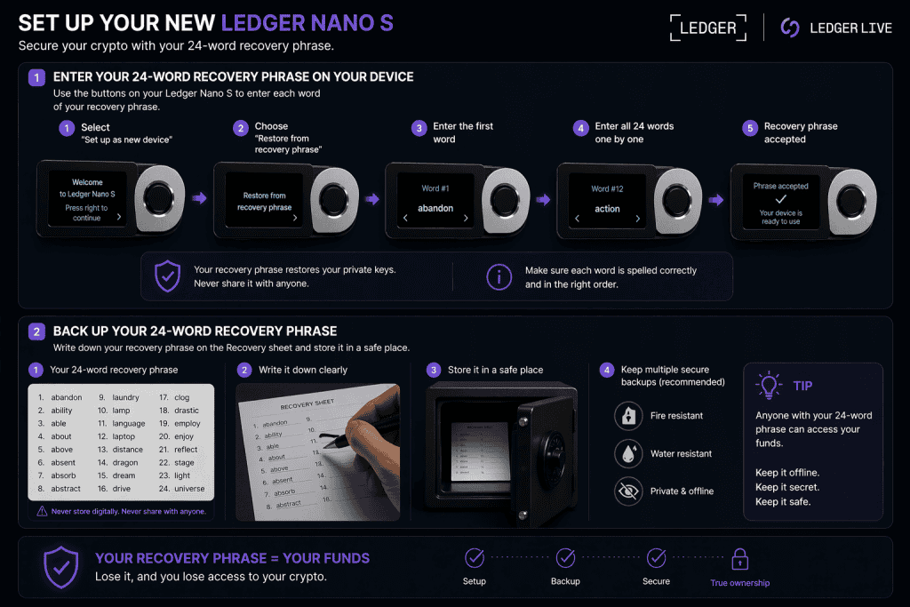 Entering recovery phrase on a new Ledger Nano S device. Backing up 24-word recovery phrase