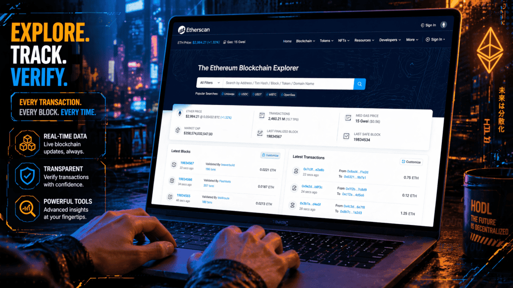 User accessing Etherscan website on a laptop