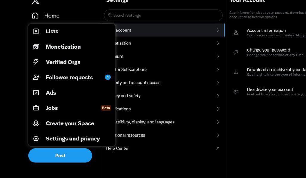 왼쪽 사이드바에 리스트, 수익 창출, 인증된 조직, 팔로워 요청, 광고, 일자리(베타), 스페이스 만들기, 설정 및 개인정보 보호 옵션이 표시된 소셜 미디어 플랫폼 설정 메뉴의 스크린샷입니다. 메인 패널에는 계정 정보, 비밀번호 변경, 데이터 아카이브 다운로드, 계정 비활성화 옵션이 표시됩니다.