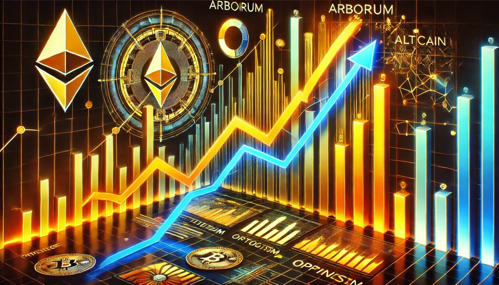 Arbitrum, Optimism 등 알트코인의 시가총액 상승과 시장 변동성 그래프.