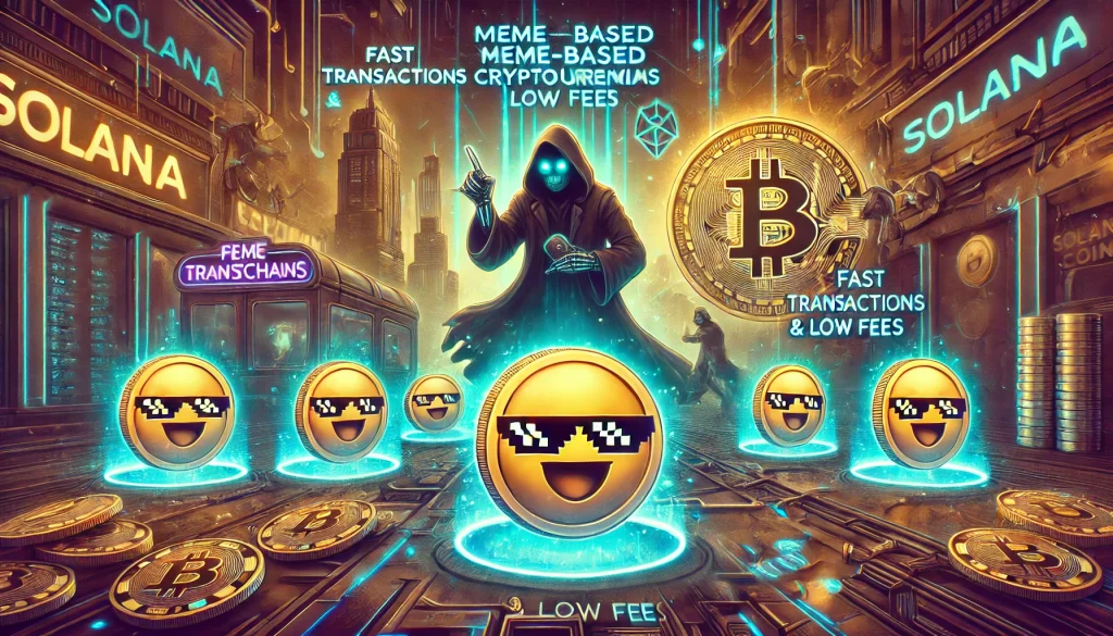 Colorful meme coins floating, the mix of humor and wealth in 2024 cryptocurrency trends.